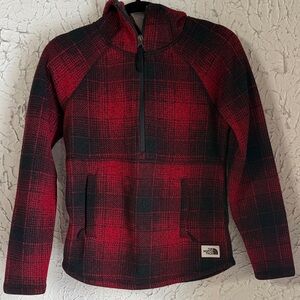 The North Face Women’s Red and Black Plaid Puffer Quarter Zip Pullover